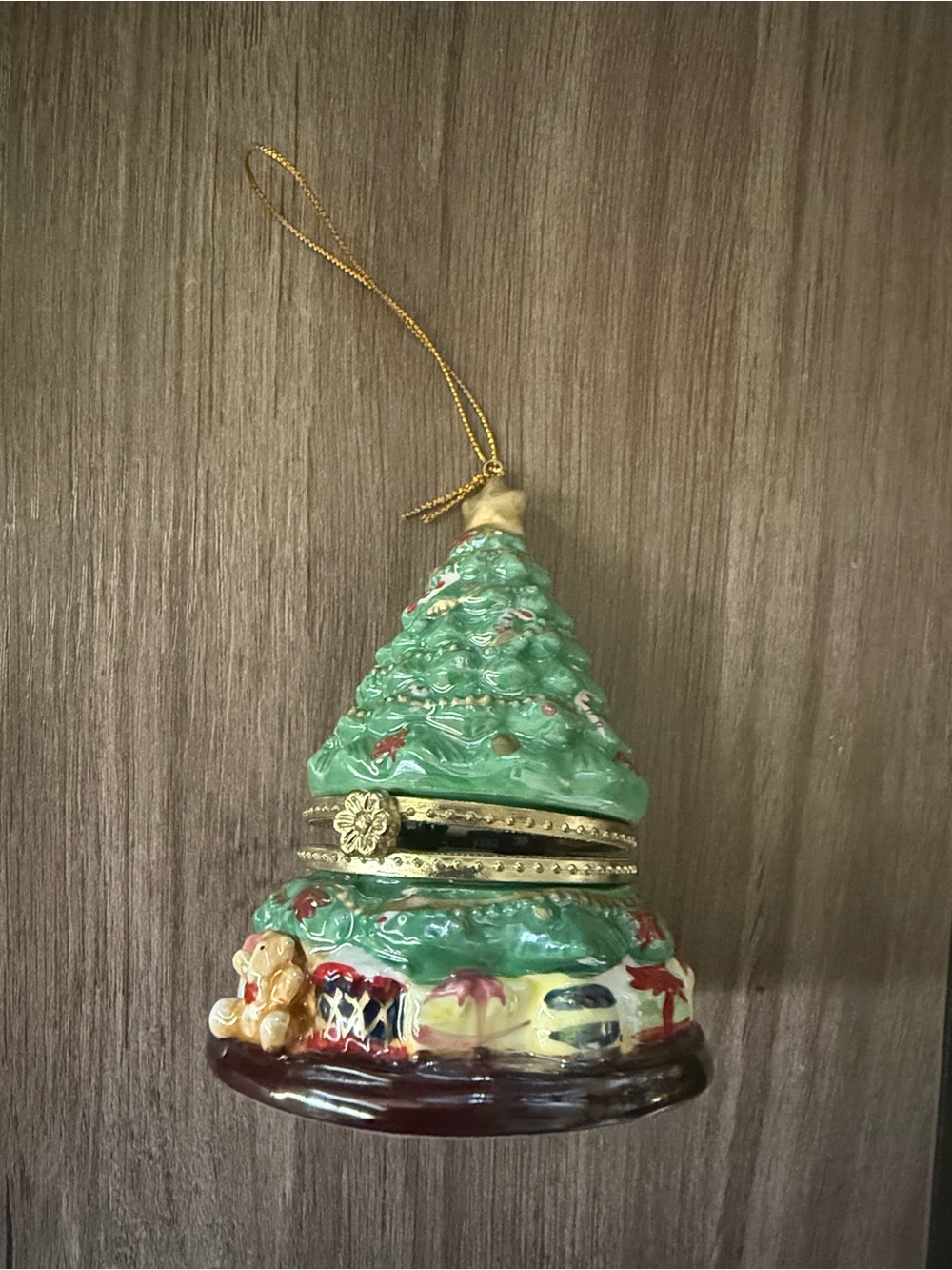 Green Ceramic Christmas Tree Music Box Ornament with Gold Trim